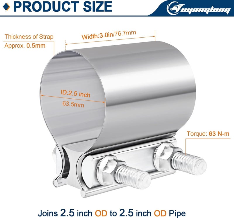 ouyanglong 2.5 Inch Exhaust Clamp, 2 1/2" Butt Joint Band Clamp Stainless Steel Sleeve Coupler for Pipes,Mufflers,Catalytic Converters - 2 Pack - Image 2